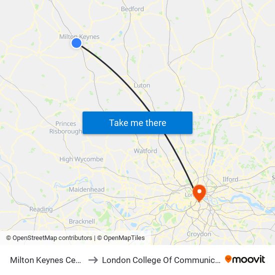 Milton Keynes Central to London College Of Communication map