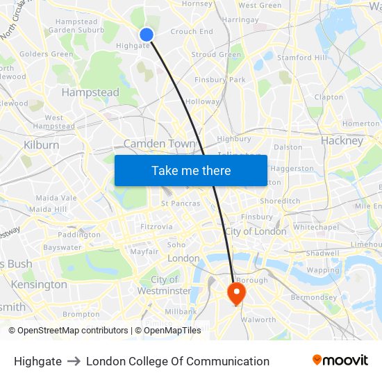 Highgate to London College Of Communication map