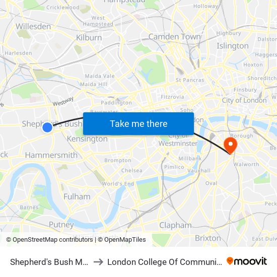 Shepherd's Bush Market to London College Of Communication map