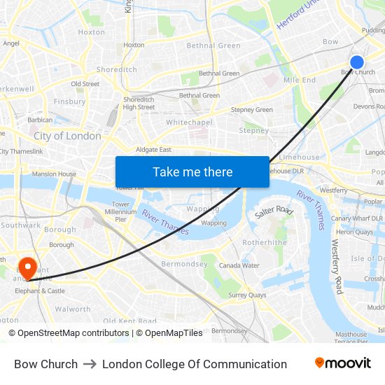 Bow Church to London College Of Communication map