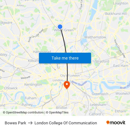 Bowes Park to London College Of Communication map