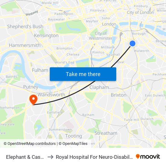 Elephant & Castle to Royal Hospital For Neuro-Disability map