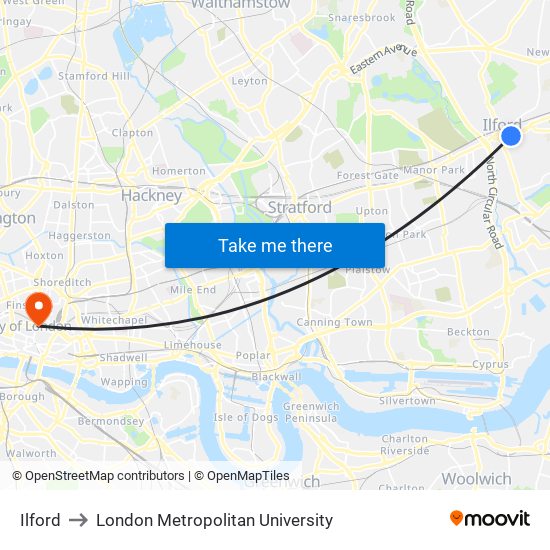 Ilford to London Metropolitan University map