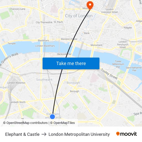 Elephant & Castle to London Metropolitan University map