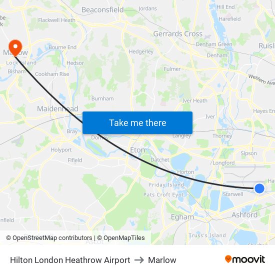 Hilton London Heathrow Airport to Marlow map