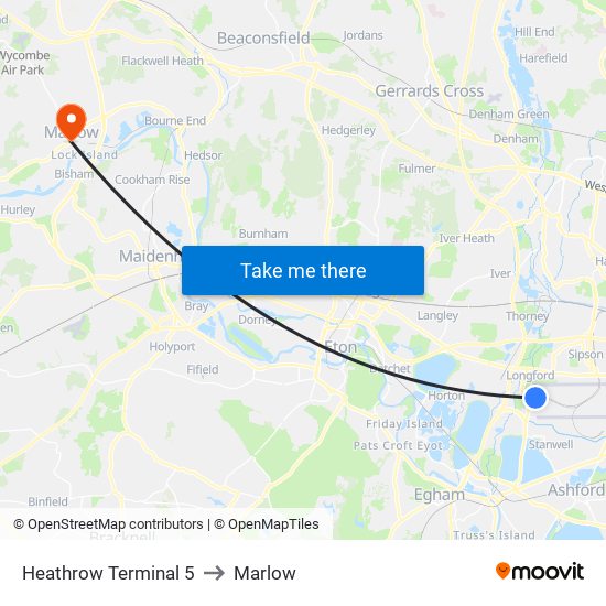 Heathrow Terminal 5 to Marlow map