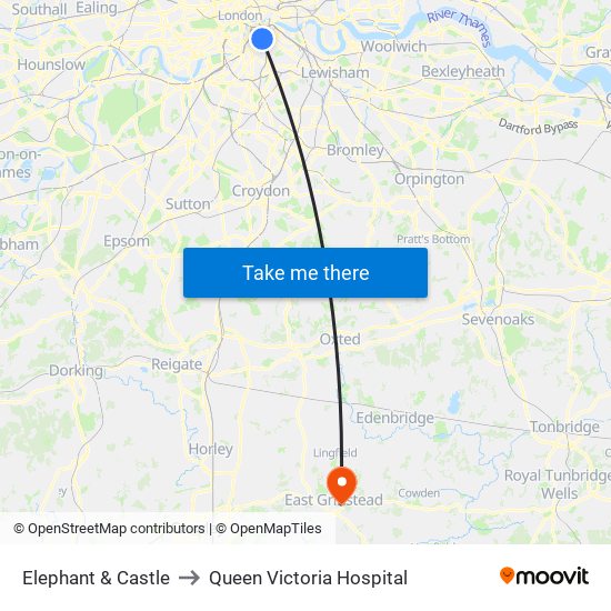 Elephant & Castle to Queen Victoria Hospital map