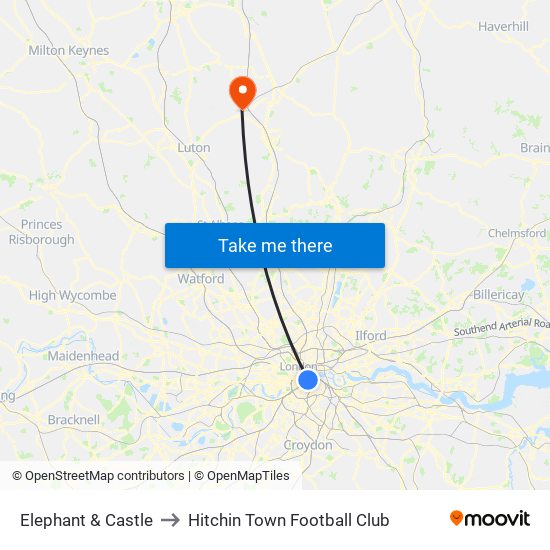 Elephant & Castle to Hitchin Town Football Club map