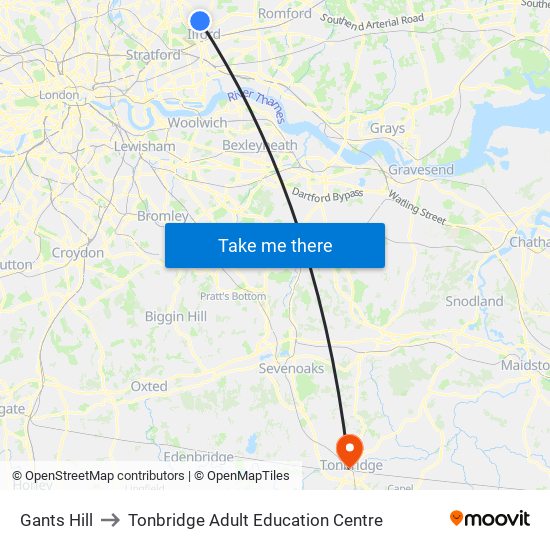 Gants Hill to Tonbridge Adult Education Centre map