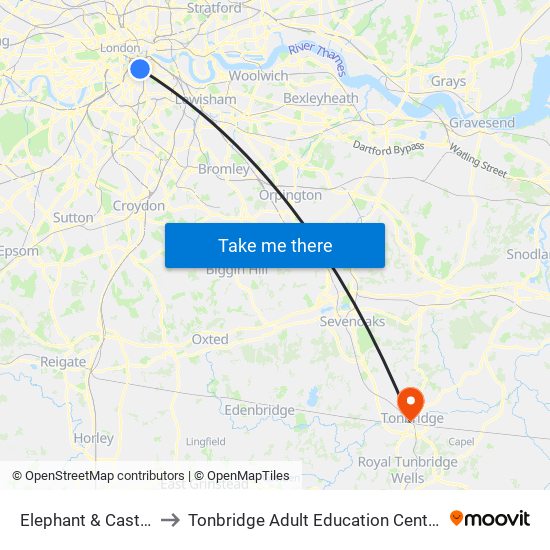 Elephant & Castle to Tonbridge Adult Education Centre map