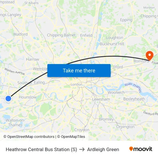 Heathrow Central Bus Station (S) to Ardleigh Green map