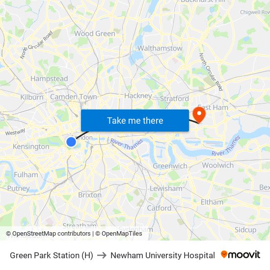 Green Park Station (H) to Newham University Hospital map