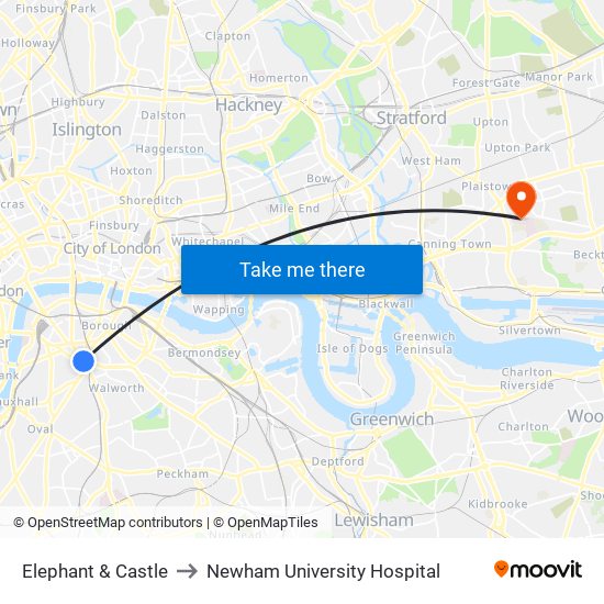 Elephant & Castle to Newham University Hospital map