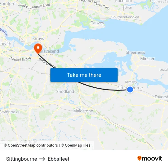 Sittingbourne to Ebbsfleet map