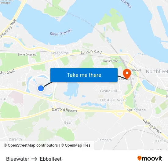 Bluewater to Ebbsfleet map