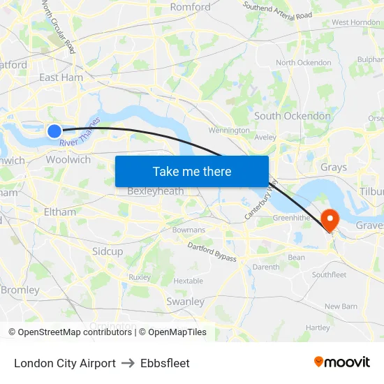 London City Airport to Ebbsfleet map