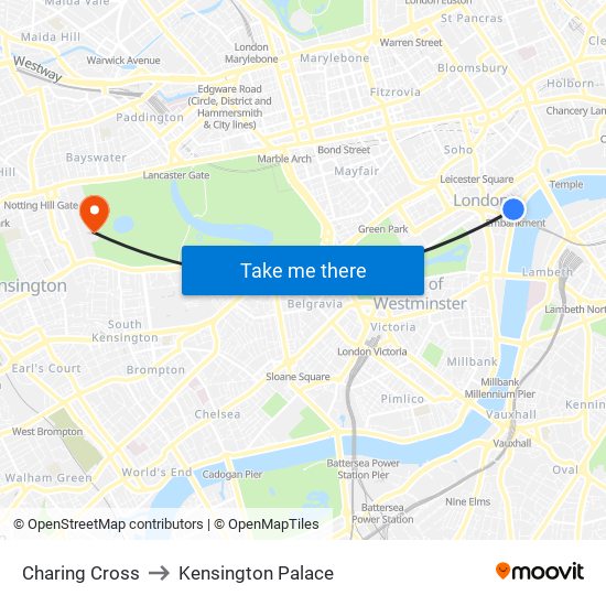 Charing Cross to Kensington Palace map