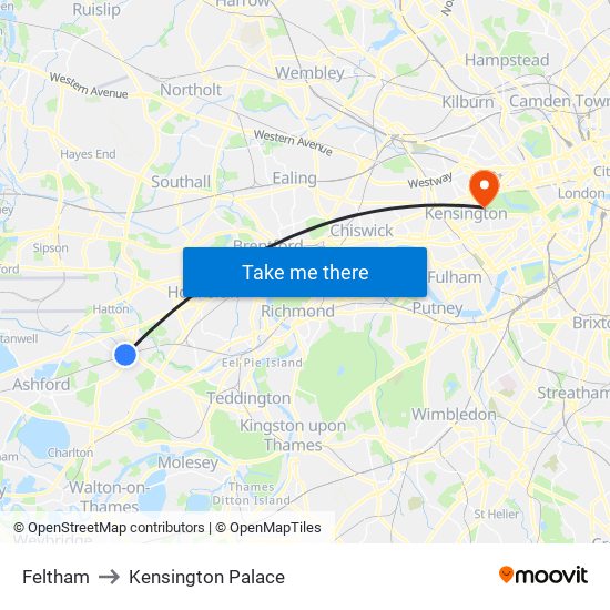 Feltham to Kensington Palace map