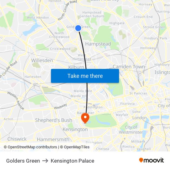 Golders Green to Kensington Palace map