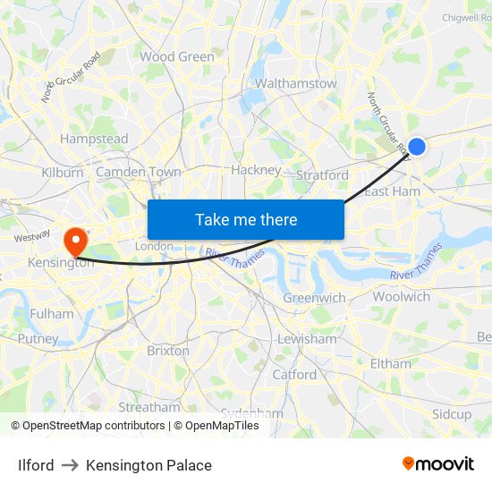 Ilford to Kensington Palace map