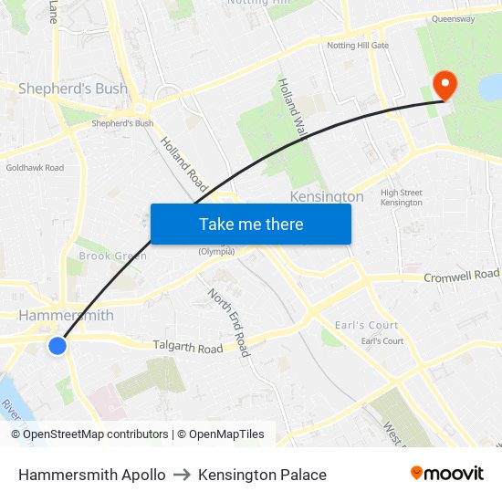 Hammersmith Apollo to Kensington Palace map