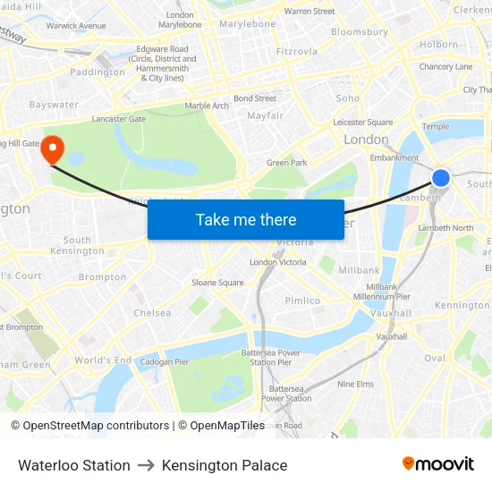 Waterloo Station to Kensington Palace map