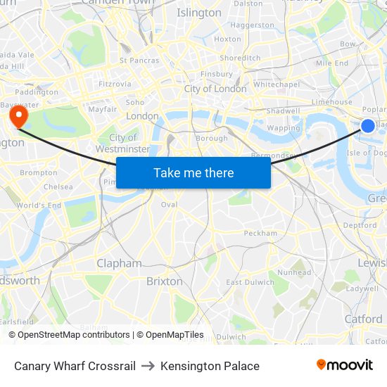 Canary Wharf Crossrail to Kensington Palace map
