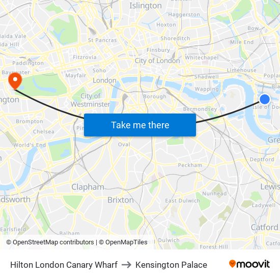 Hilton London Canary Wharf to Kensington Palace map