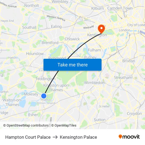 Hampton Court Palace to Kensington Palace map