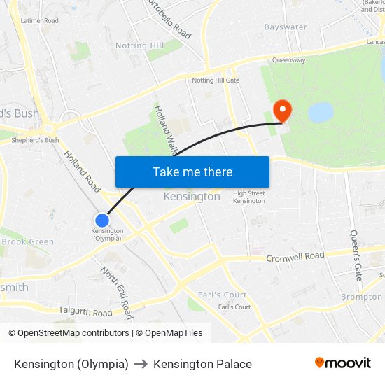 Kensington (Olympia) to Kensington Palace map