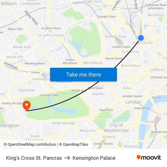 King's Cross St. Pancras to Kensington Palace map