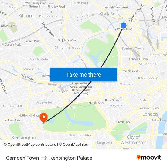 Camden Town to Kensington Palace map