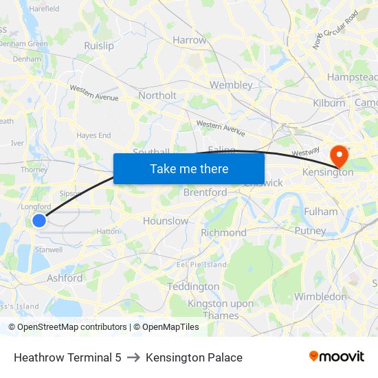 Heathrow Terminal 5 to Kensington Palace map