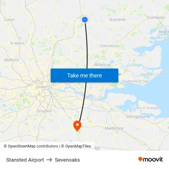 Stansted Airport to Sevenoaks map