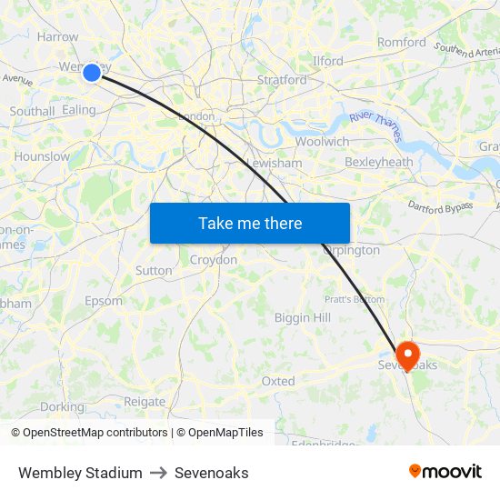 Wembley Stadium to Sevenoaks map