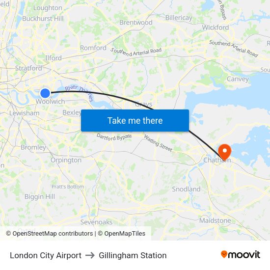 London City Airport to Gillingham Station map