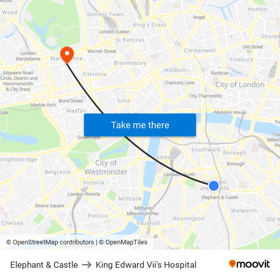 Elephant & Castle to King Edward Vii's Hospital map