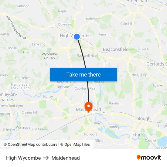 High Wycombe to Maidenhead map
