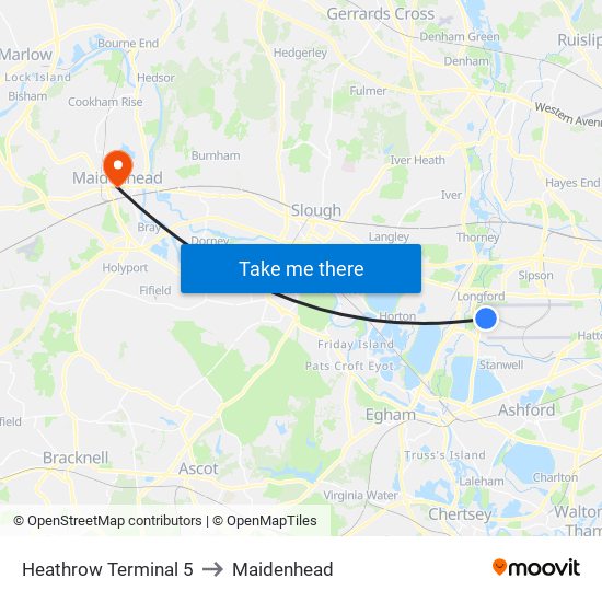 Heathrow Terminal 5 to Maidenhead map