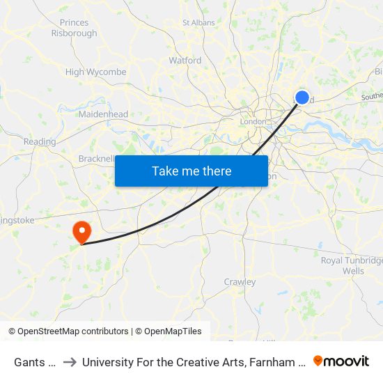 Gants Hill to University For the Creative Arts, Farnham Campus map