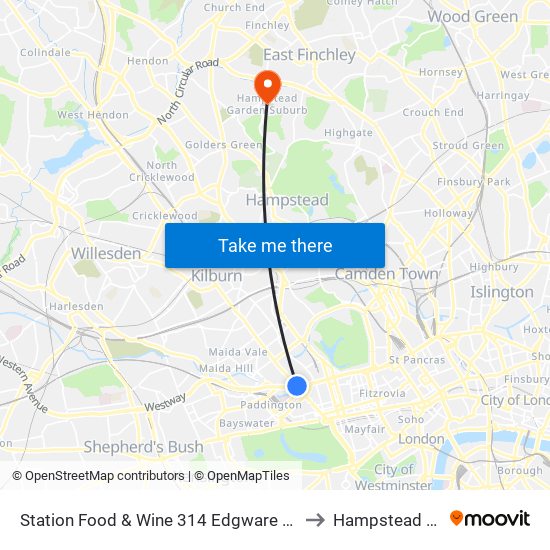 Station Food & Wine 314 Edgware Road, Paddington, London, W2   1dy to Hampstead Garden Suburb map