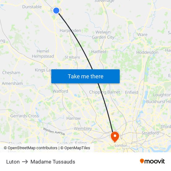 Luton to Madame Tussauds map