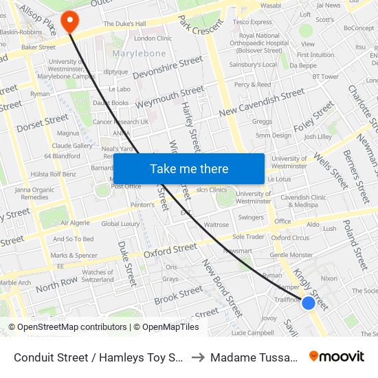 Conduit Street / Hamleys Toy Store to Madame Tussauds map