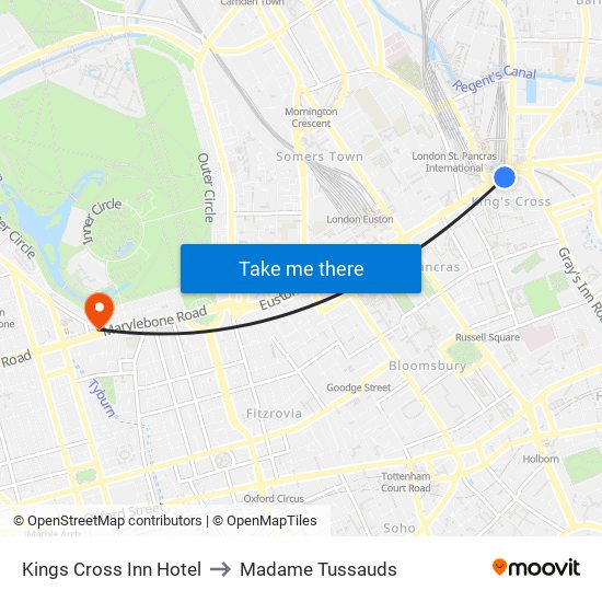 Kings Cross Inn Hotel to Madame Tussauds map