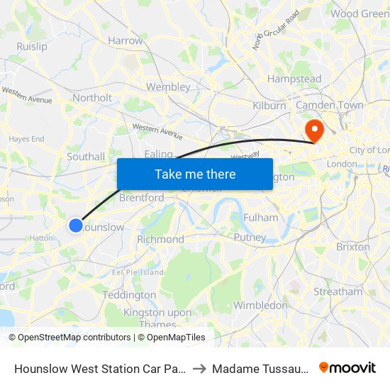 Hounslow West Station Car Park to Madame Tussauds map