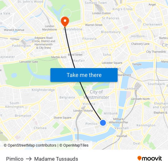Pimlico to Madame Tussauds map