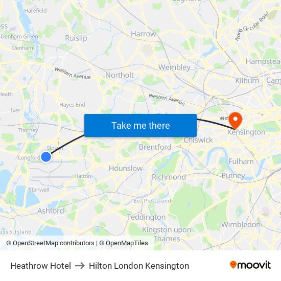 Heathrow Hotel to Hilton London Kensington map