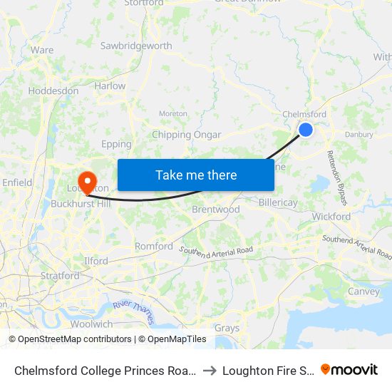 Chelmsford College Princes Road Campus to Loughton Fire Station map