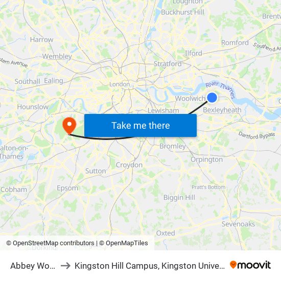 Abbey Wood to Kingston Hill Campus, Kingston University map