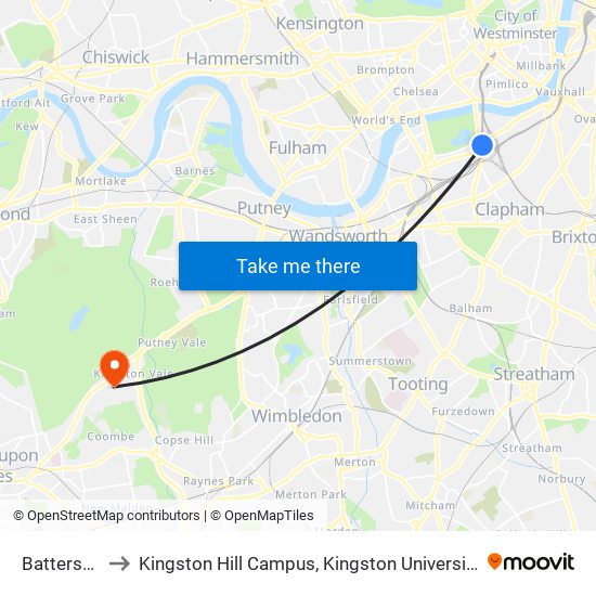 Battersea to Kingston Hill Campus, Kingston University map